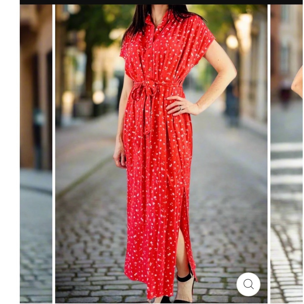 Sadie & Sage Dear‎ Mama Red Floral Button Front Maxi Dress Medium Tie Belt Flowy